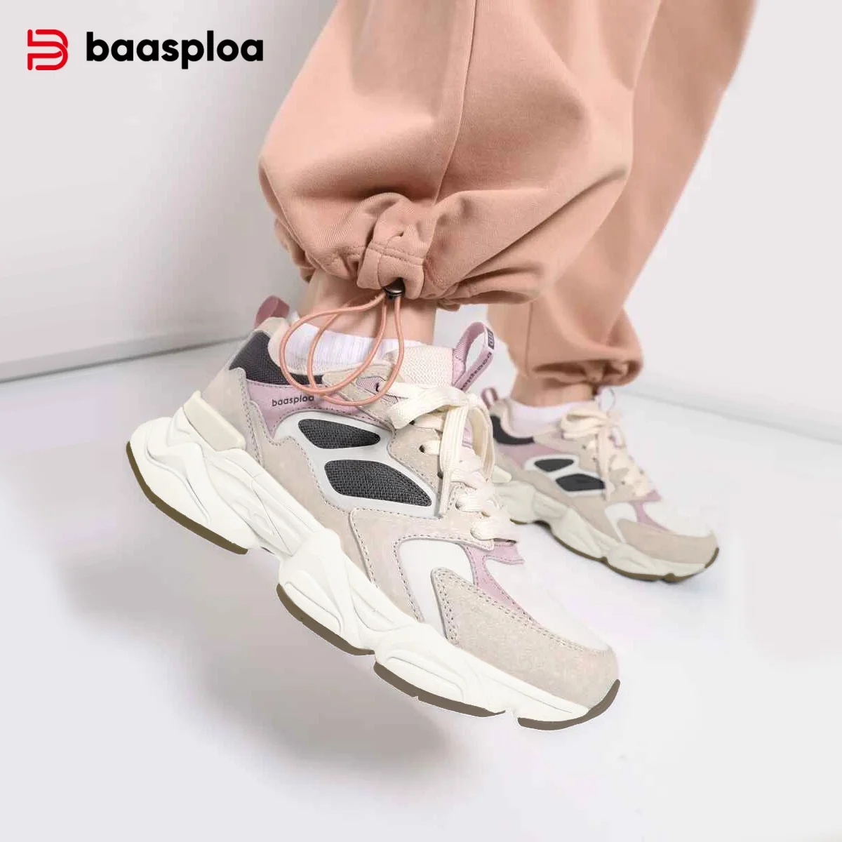 Baasploa Women Casual Shoes Comfort Leather Walking Sneakers For Women Solid Color Fashion Sport Shoes Non-Slip Hight Increase