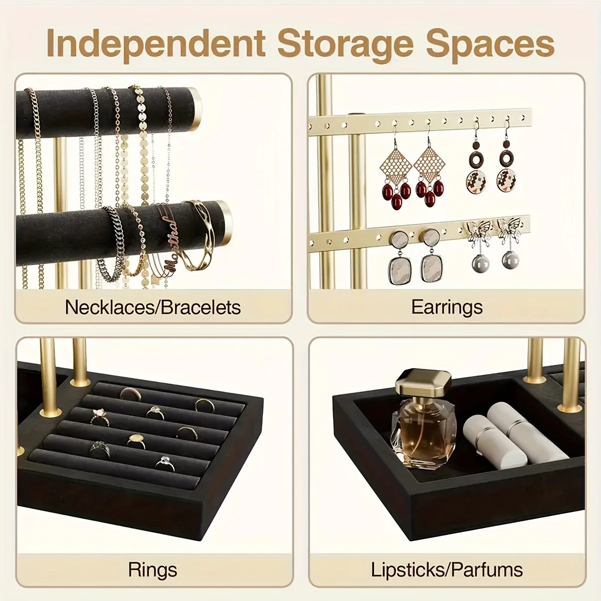 黒と金の配色を施した、複数の層でネックレスを整理整頓できる高級感のあるジュエリー収納ラック
