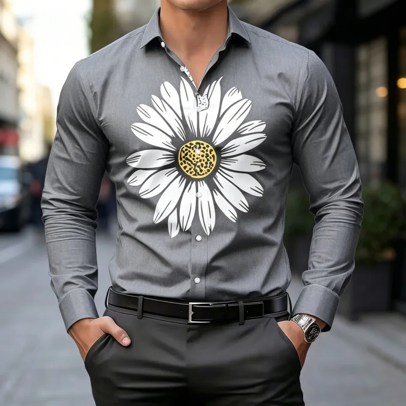 Men's Daisy Flower Print Long Sleeve Shirt Fashion Slim Fit Button Down Casual Blouse Tops