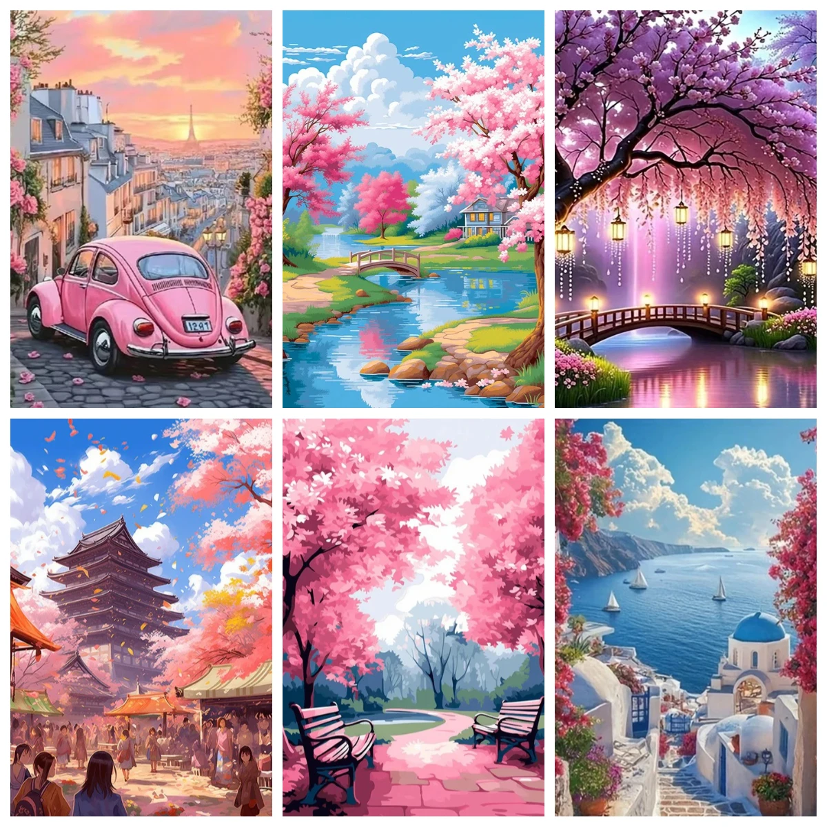 Painting By Numbers Cherry Blossom Landscape Drawing Craft Kit Wall Arts Nature Handmade Pictures On Canvas Art Kits