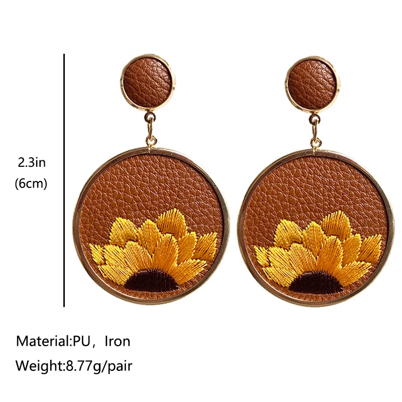 Hot Selling European and American Ethnic Earrings Leather Embroidery Sunflower Earrings High-quality Temperament Simple Earrings