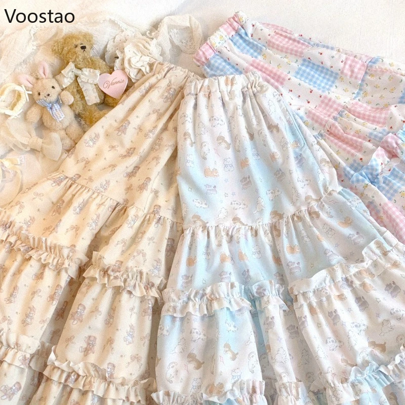 

Japanese Sweet Lolita Midi Skirt Women Elegant Vintage Cartoon Print Ruffles Elastic Waist Party Cake Skirts Faldas Mujer Moda