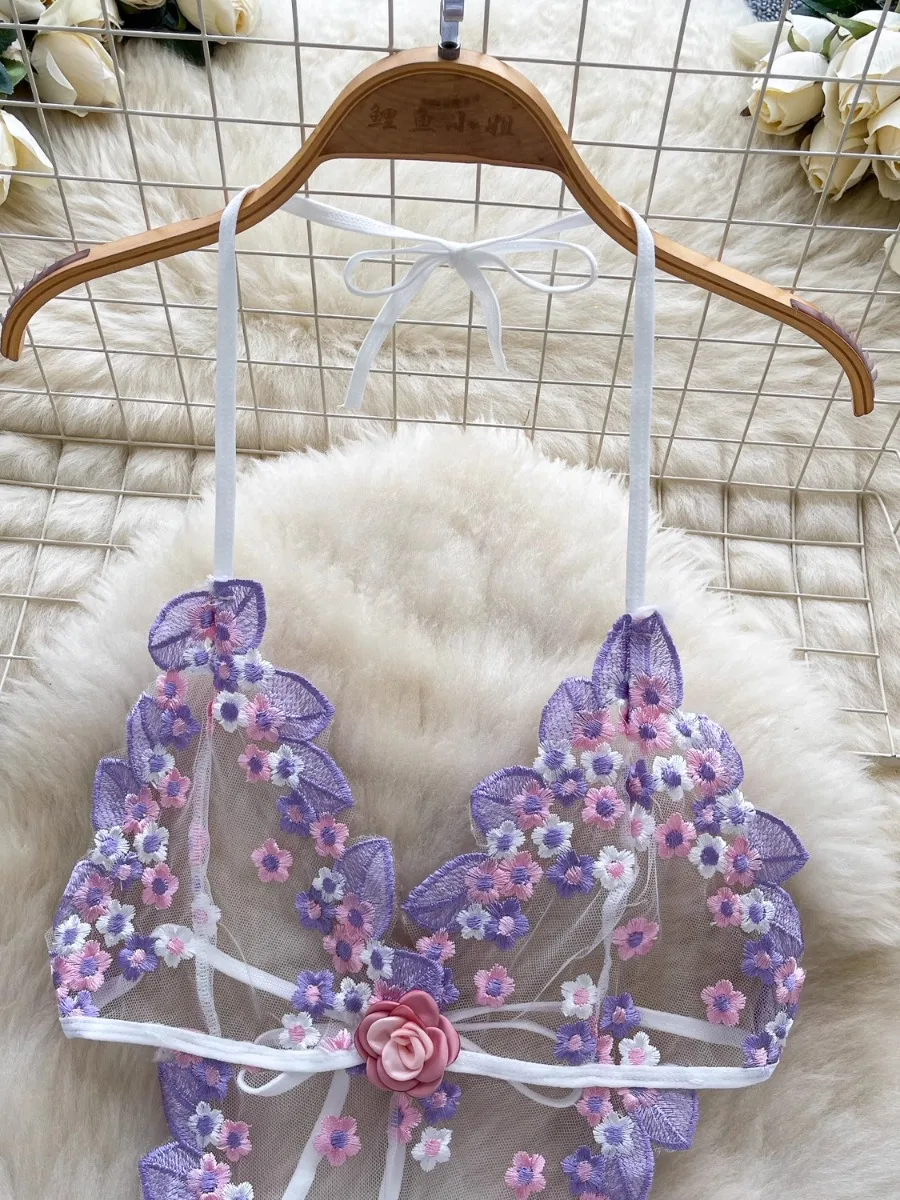 Foamlina malla bordado recortado chica puro deseo Mini Vestido corto mujeres novedad de verano dopamina Halter Sexy vestido transparente