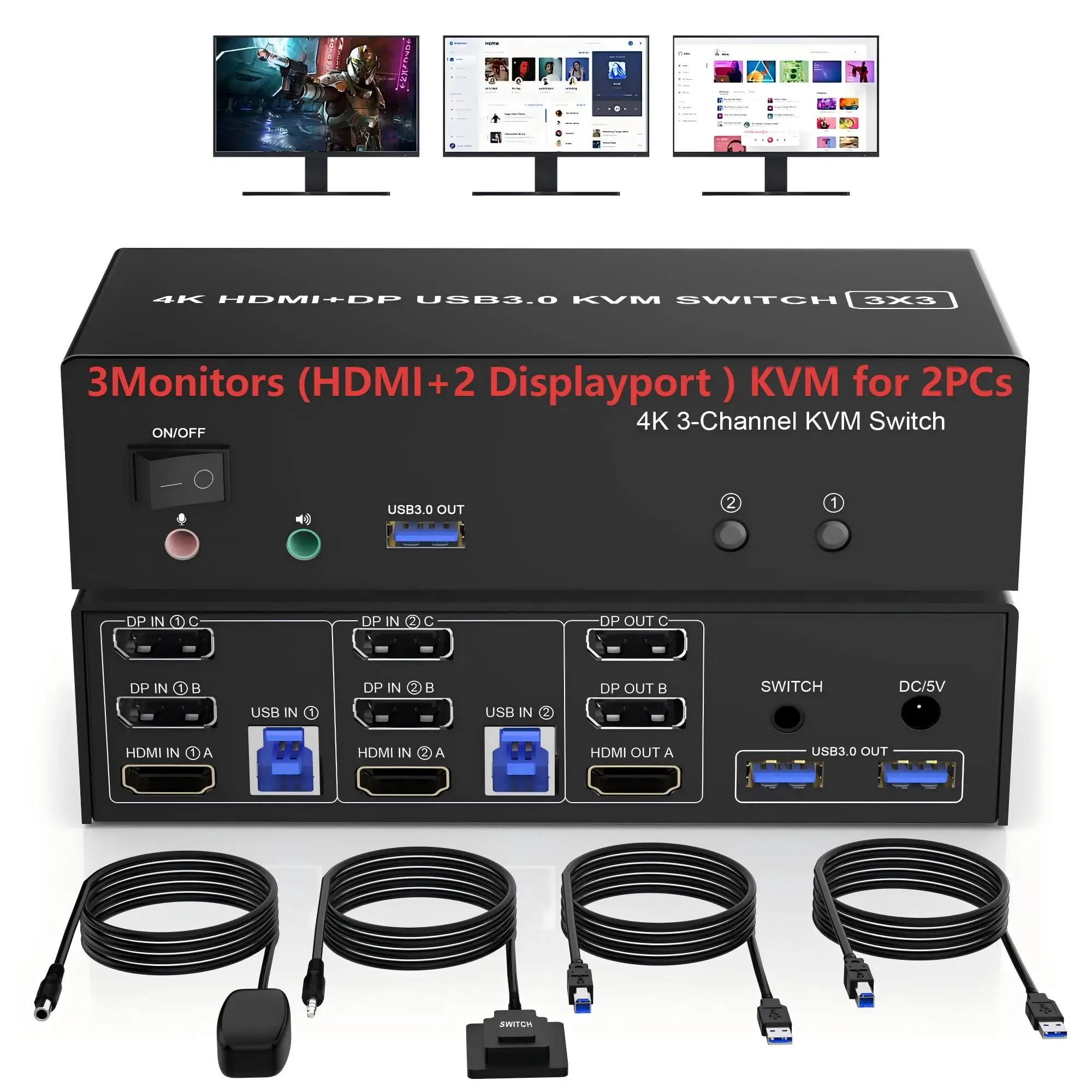

HDMI Displayport KVM Switch 3 Monitor 2 Computers,4K@60Hz/8K@60Hz USB 3.0 Triple Monitor KVM Switcher with 3/4 USB 3.0 Ports