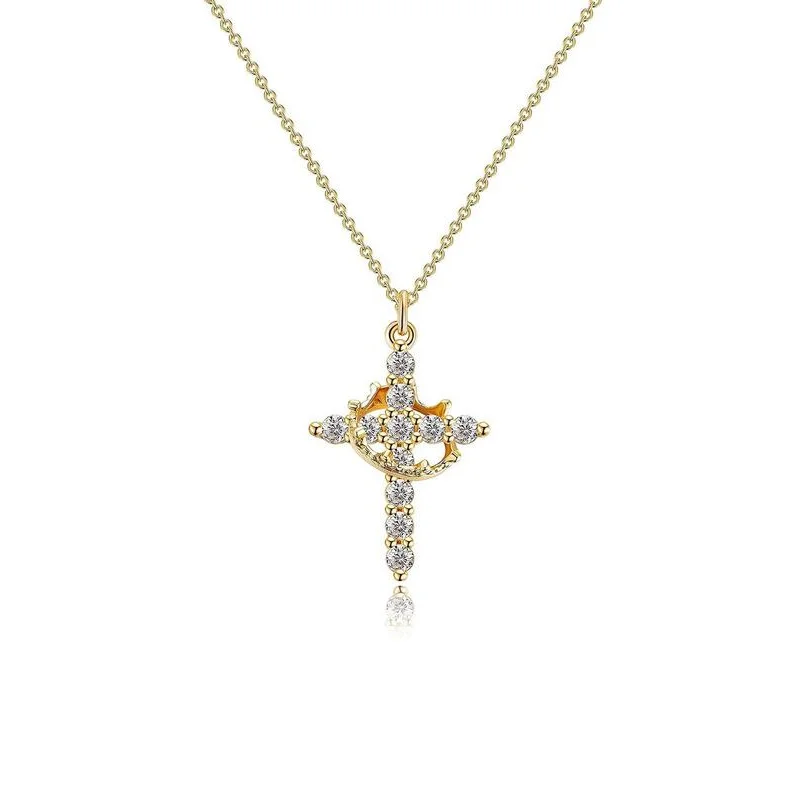 Rhinestone Crown & Cross Pendant Necklace for Women & Men, Fashion Jewelry for Party, Daily Clothing Decor, Trendy All-match & E