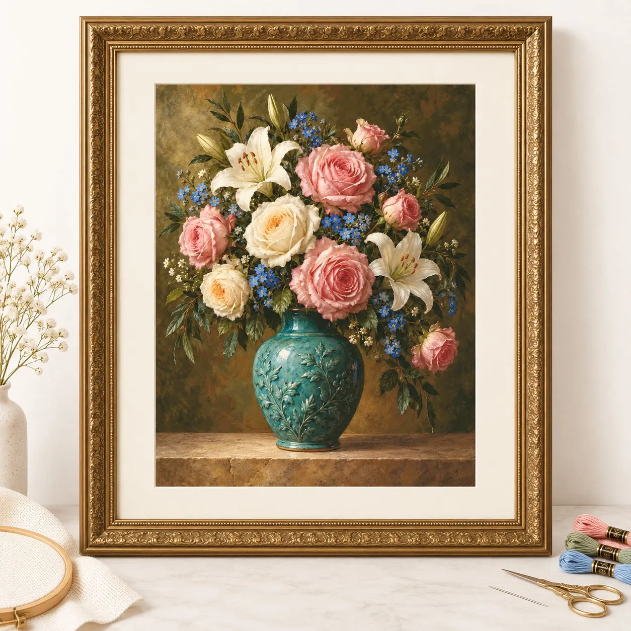 [ZZ9410 - Rose Lily Celadon Vase]11CT 14CT 16CT DIY Stamped Cross Stitch Kit with Printed Canvas and Cotton Threads Embroidery