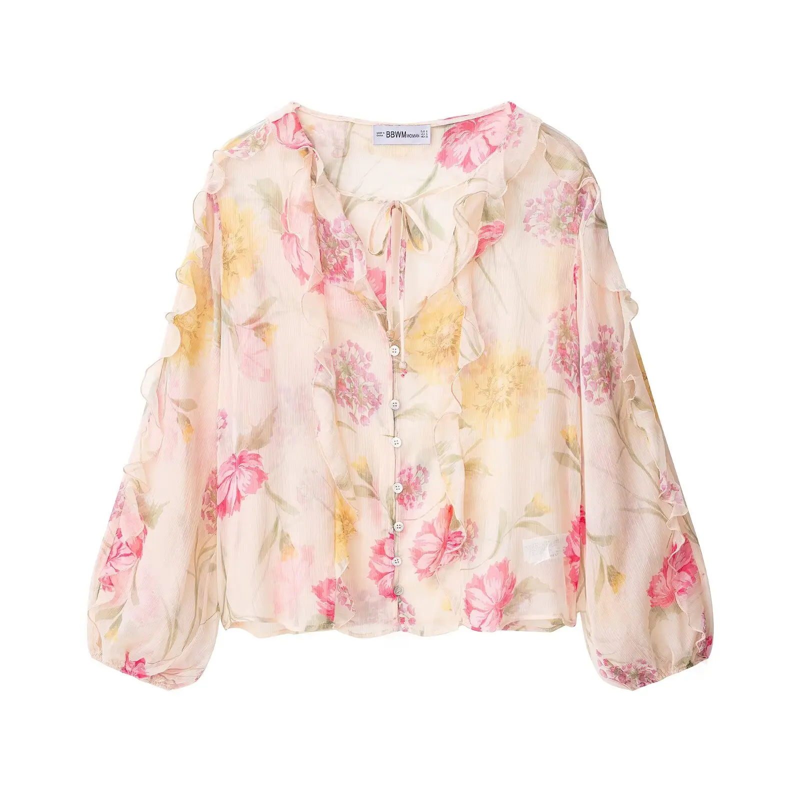 

European and American style 2025 autumn new flower print translucent design long sleeve shirt