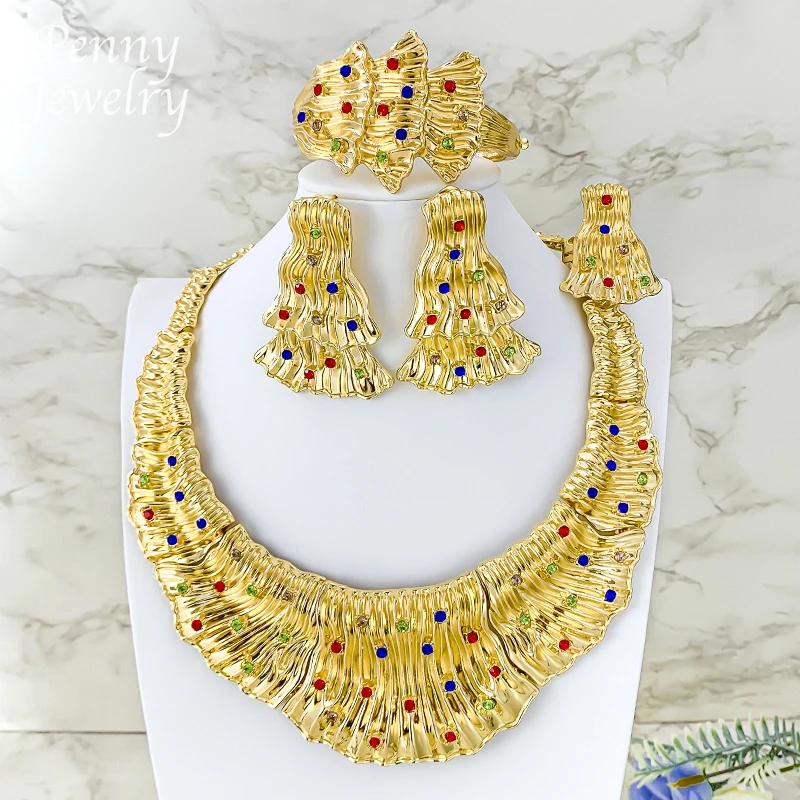 Rhinestones Zirconia Luxury Collar Necklace Earrings Bracelet Ring Big Size Choker Golden Jewelry Set Bridal Wedding Party Gifts