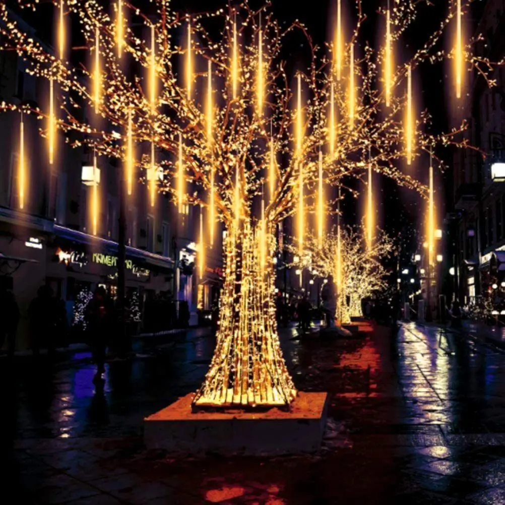 Cadena de luces LED de lluvia de meteoritos, enchufe europeo/estadounidense, decoración de calle, jardín al aire libre, boda, árbol de Navidad,