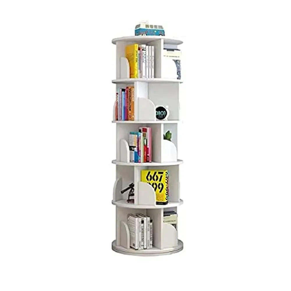 5 Tier Rotating Bookshelf Organizer Stackable Storage Space Solution Bedroom & Study Room Easy Assemble White Wood & Plastic