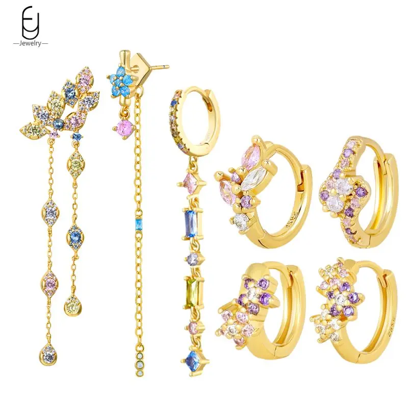 925 Sterling Silver Needle Luxury Purple Crystal Contrasting Colors Earrings for Women Flowers Hoop Earrings Party Fine Jewelry