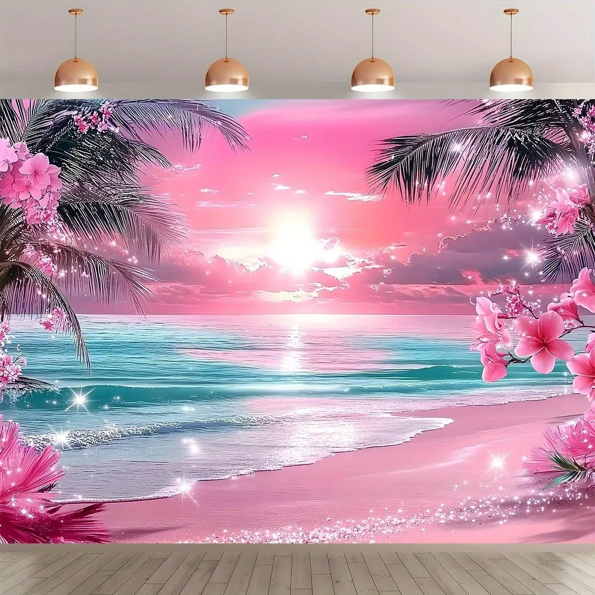 Bright Pink Sunset Hawaii Beach Trees Flower Tapestry Wall Hanging Wall Decoration Bedside Background Cloth