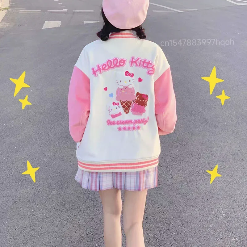 Hello Kitty Clothes Y2k Teenager Girl Luxury Design Embroidery Pink Jacket Baseball Jacket Fashion Coat Women Sweatshirt Plush