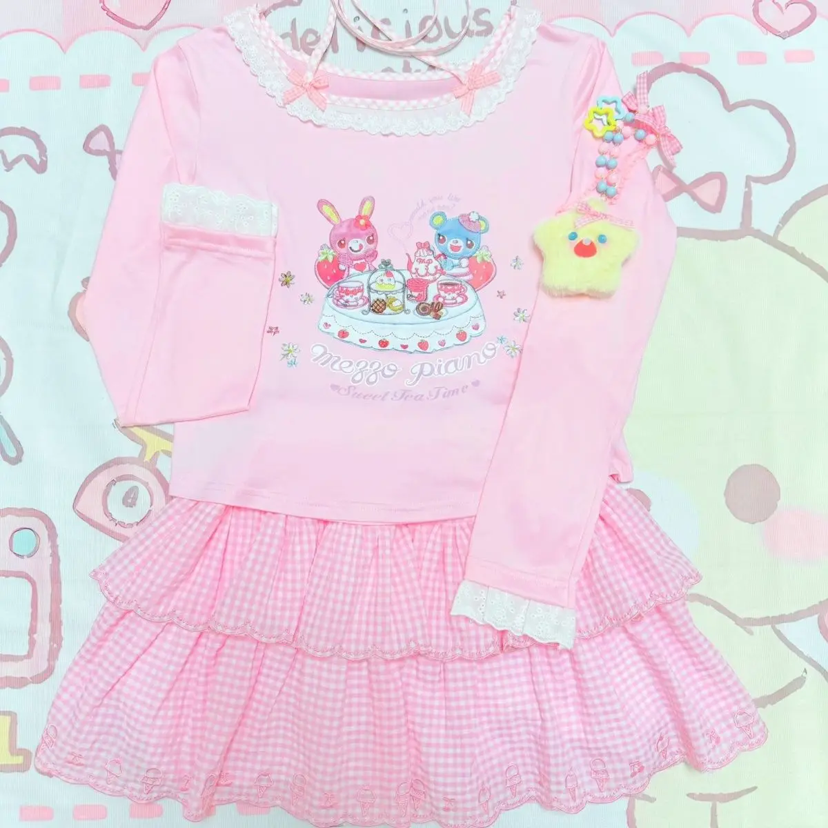 Kawaii Sweet Pink Mini Skirt Gingham Print Tiered Ruffle Ice Cream Motif Y2K Japanese  Harajuku Subculture Daily Bottoms Skirts