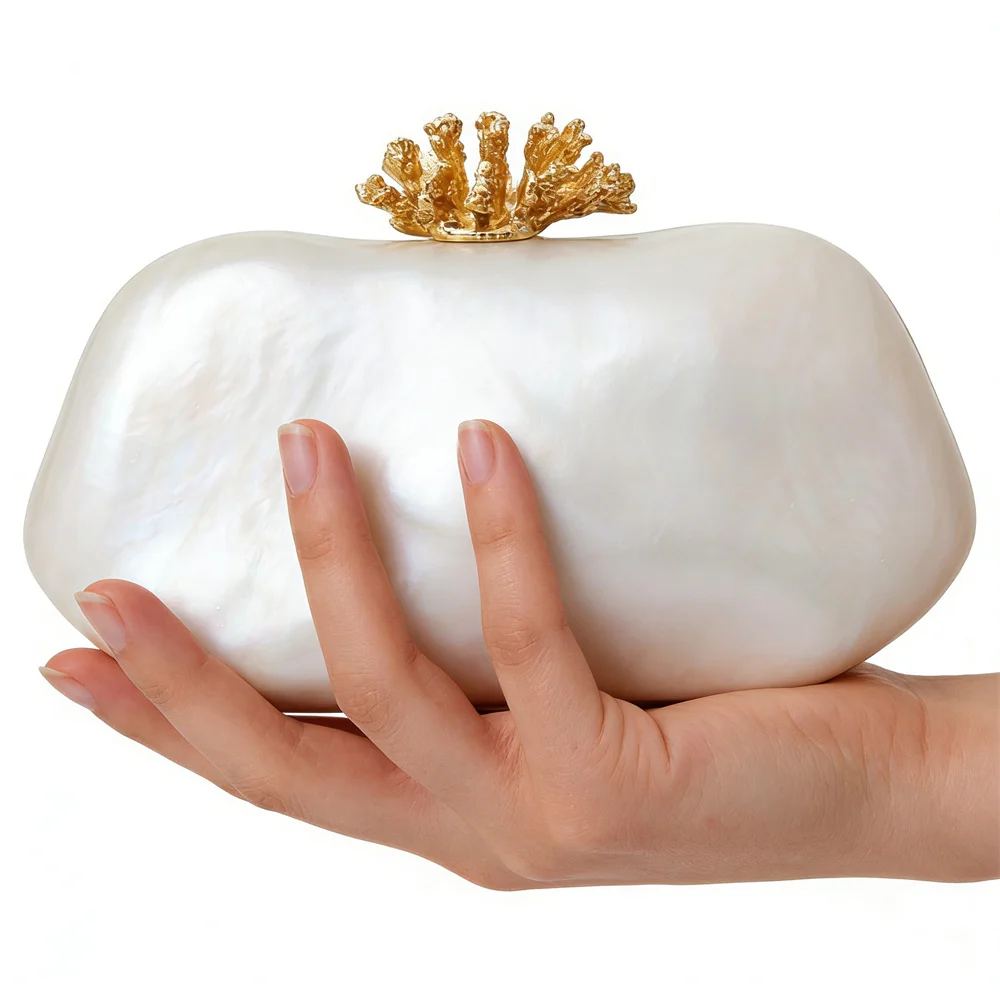 

Brand Designer Female Original Shell Acrylic Box Clutch Purse Gold Flower Claps Crossbody Bag Shoulder Wedding Evening Handbag
