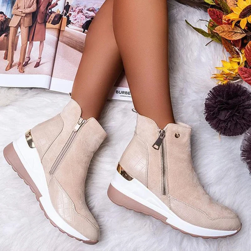 Damenstiefel Herbst Winter Neue Niedriggeschnittene Vulkanisierte Schuhe Dickbesohlte Keil- und Knöchelstiefel Reißverschluss-Sneaker Damenschuhe Übergrößen – Detail 10