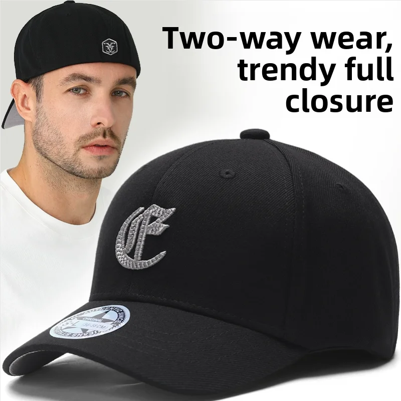 Spring Summer Men's Baseball Cap Elastic Back Closure Sun Protection Black Hat Casual Style round Top Cotton Polyester