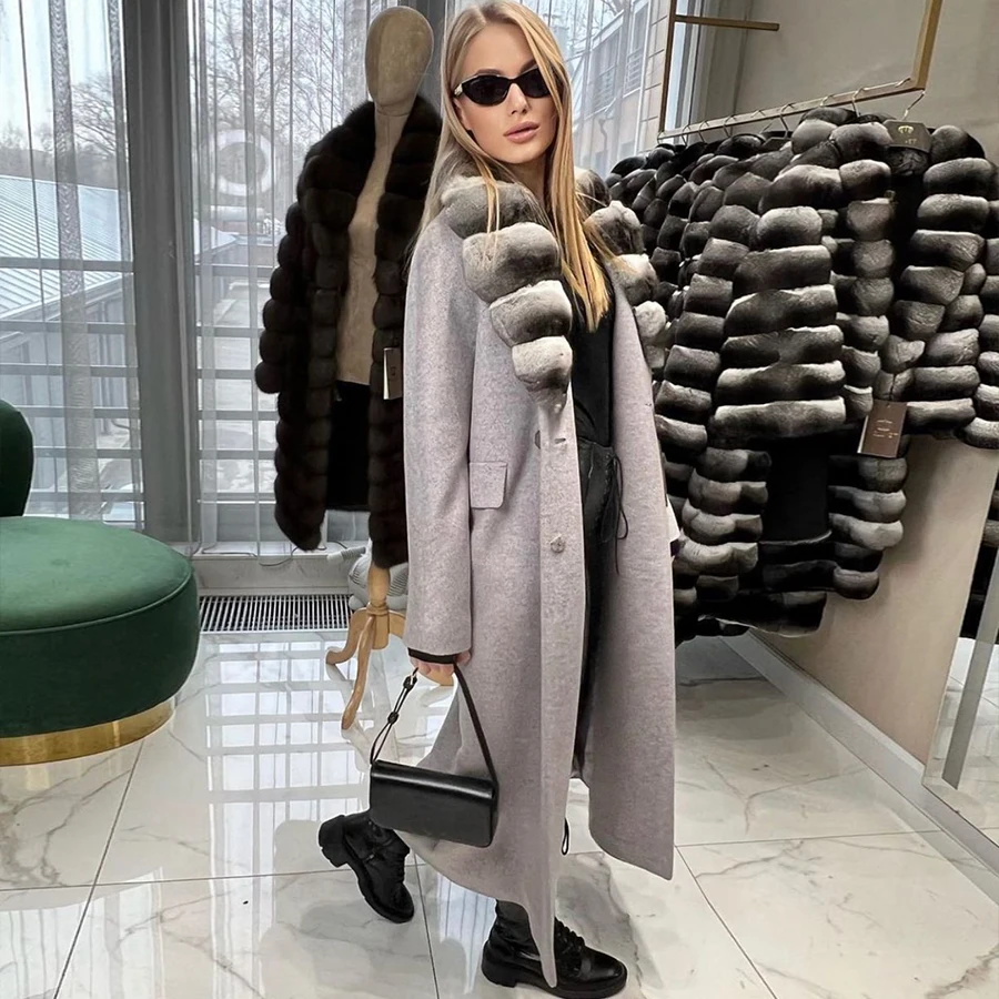 Real Chinchilla Rex Rabbit Fur Coat Luxury Clothes Women White Fur Coat Wool Coat With Rabbit Fur Collar Warm 2022