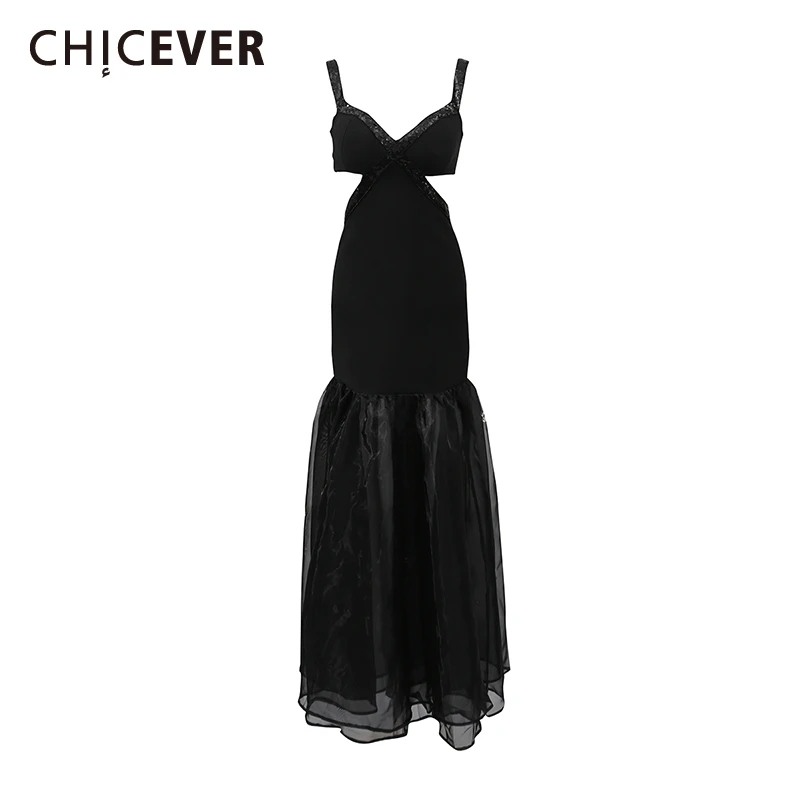 CHICEVER vestido largo de noche Formal para mujer, cuello oblicuo, hombros descubiertos, cintura alta, recortes, malla de retales, vestidos elegantes para mujer