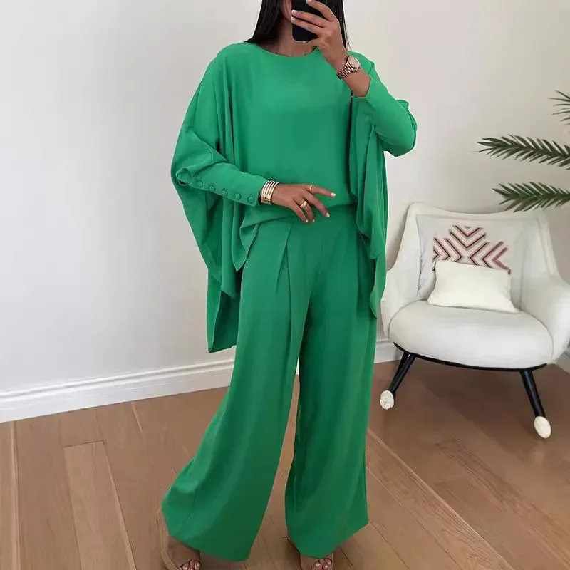 

Autumn Winter Casual Outfit Women O-Neck Long Sleeve Loose Blouse Tops & Wide Leg Pants Set Office Commuter Solid Loose 2pc Set