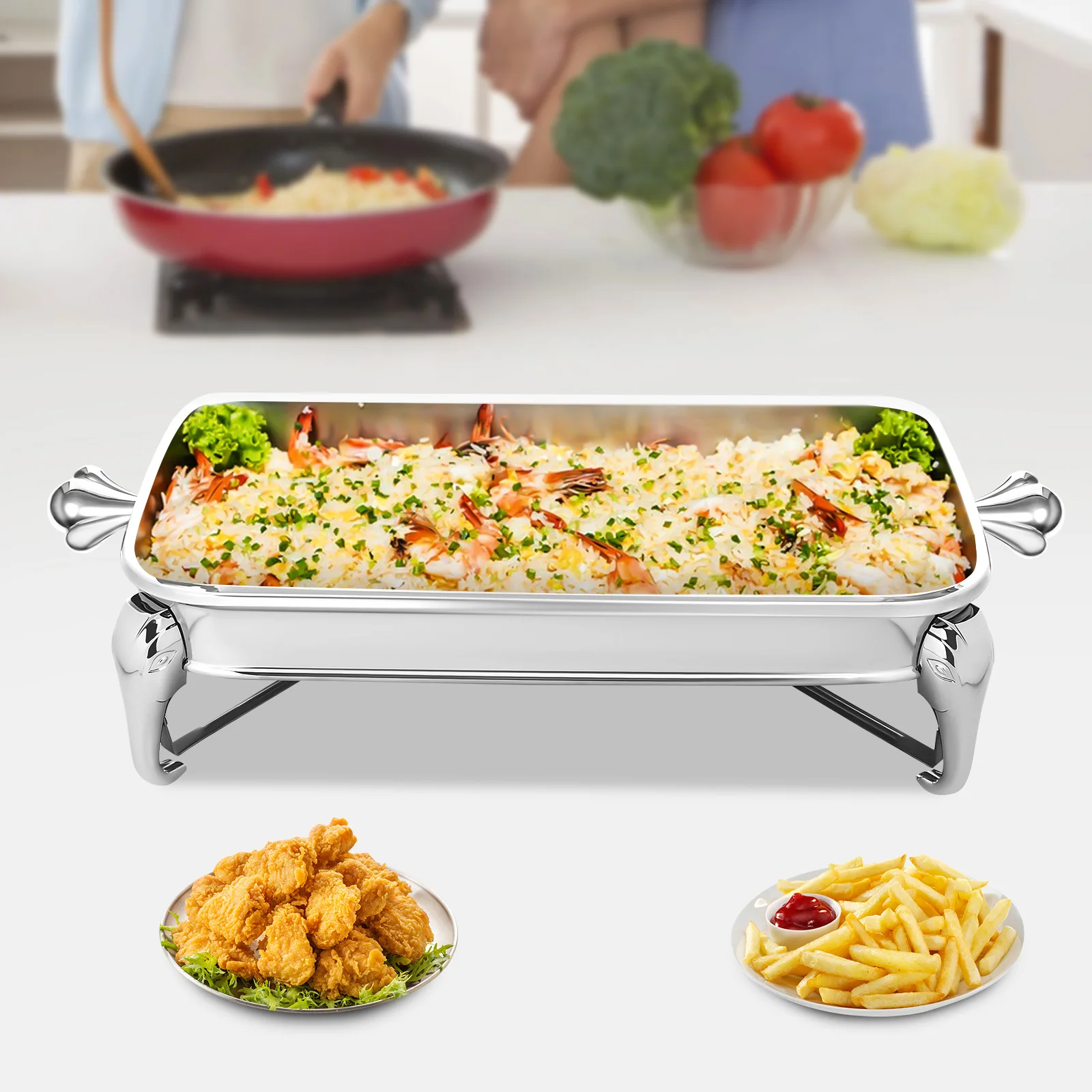 Juego de platos de frotamiento para Buffet, servidor de acero inoxidable, horno de vidrio seguro, calentador de alimentos rectangular para fiestas, 2.9L