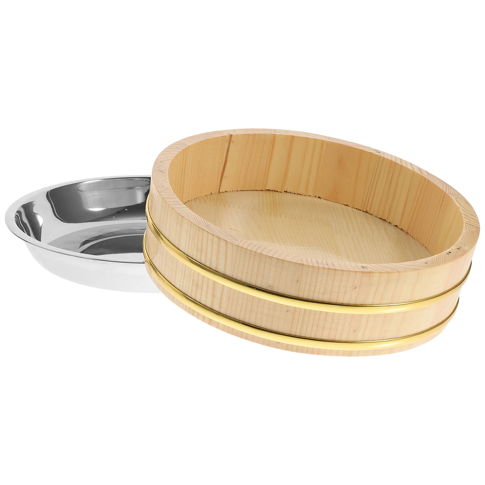 

1 pc Stainless Steel Sushi Rice Bucket With Wood Base Thickened Design For Home Kitchen Tableware Japanese Style Rice Mixing