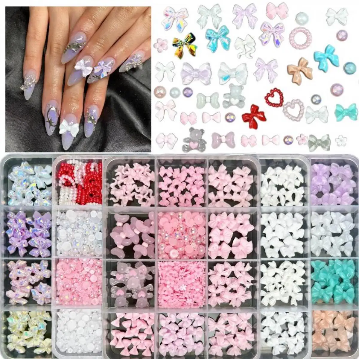 

1Box 3D Resin Multi Style Solid Color Bow Nail Art Charms Mini Hollow Heart Flat Bottom Pearl Nail Art Decoration DIY Crafts