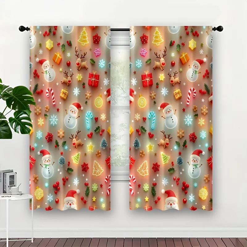 Festive Xmas Curtain Panels, Holiday Santa Snowman Reindeer Candy Gift Warm Tone Print Drapes for Apartment Xmas Home Decor