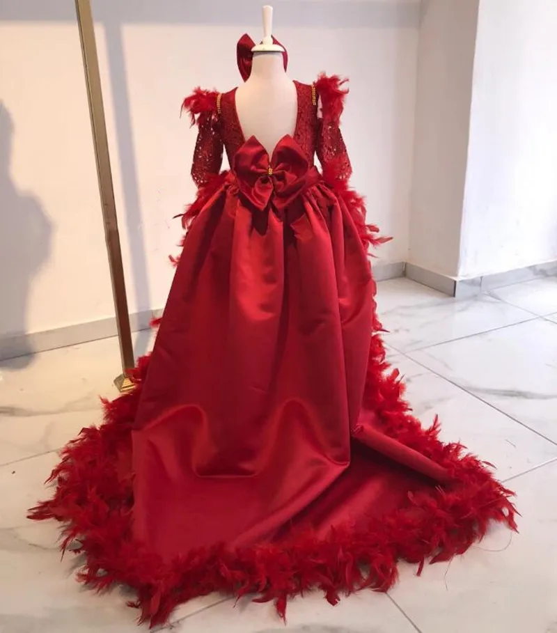 Red Satin Princesa mangas compridas Birthday Party Dress Aberto para trás Big Bow Flower Girl Dress Natal Prom Gown