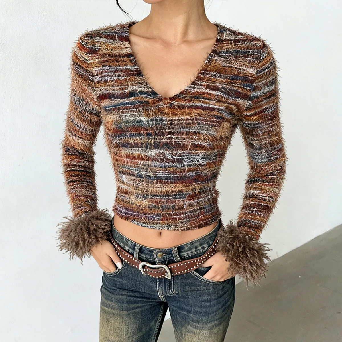 Novidade outono/inverno mais vendida: top de malha listrado vintage multi-coló slim fit recortado com decote em V