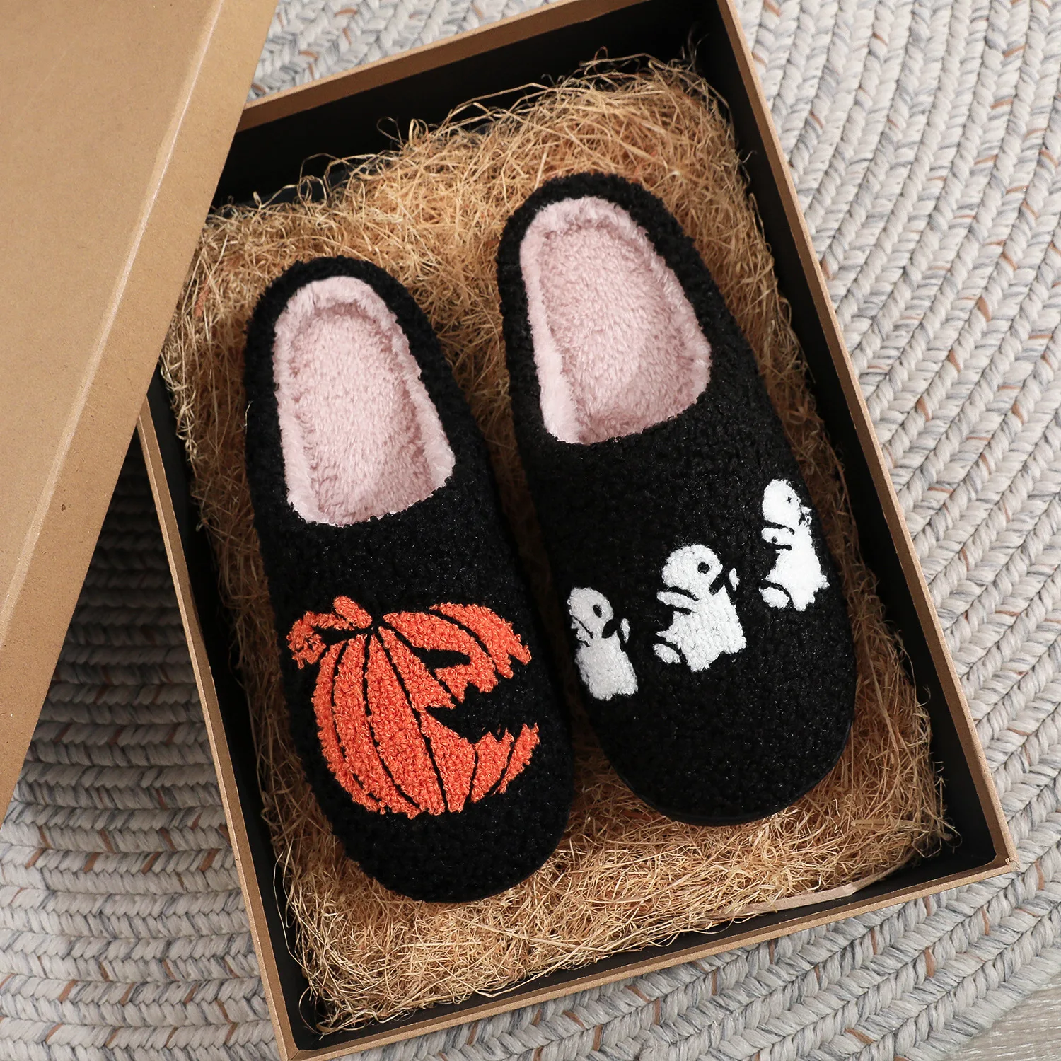 SHAJI Unisex Halloween Cartoon Ghost Pumpkin Spider Plush Cotton Slippers, Autumn Winter Lightweight Non Slip Plus Size Indoor