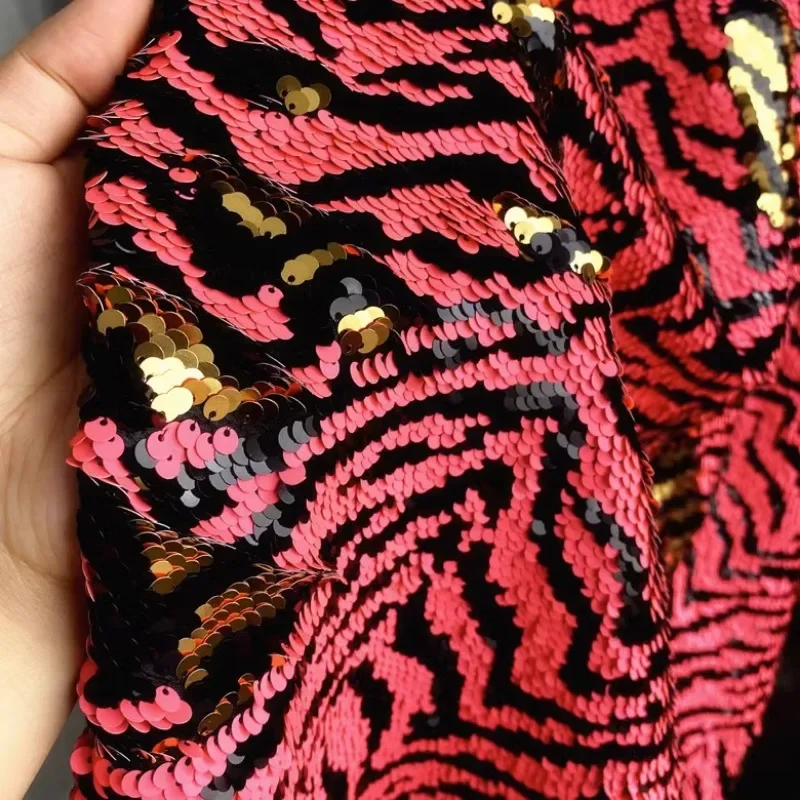 Tiger Pattern Sequin Fabric Fashionable Pink Shiny Dress Luggage Designer Wholesale Cloth Apparel Sewing Meters Material