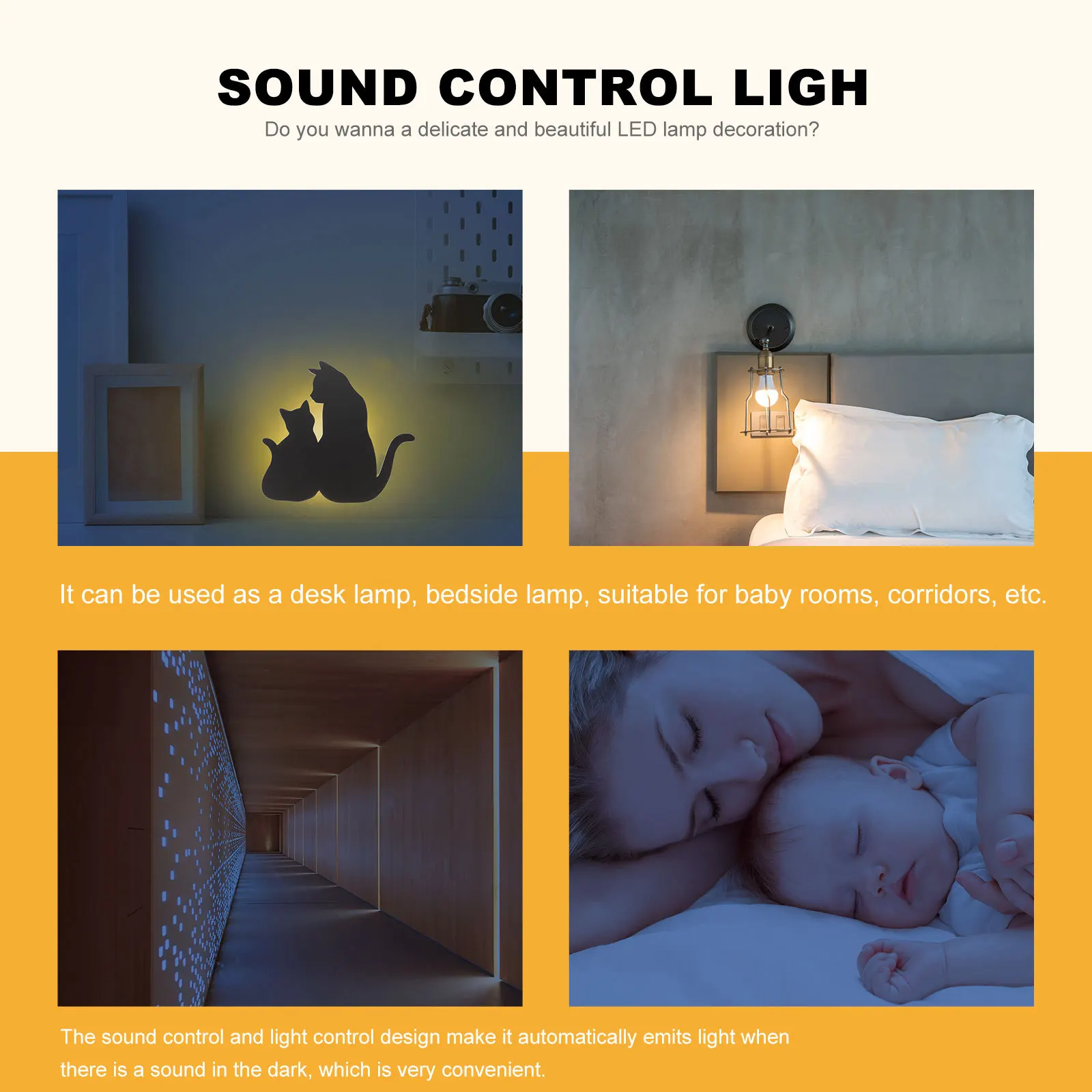 

1pc Led Cat Wall Night Light Sound Control Sensor Lamp For Bedroom Room Corridor Decor Low Power Consumption Bright Safe