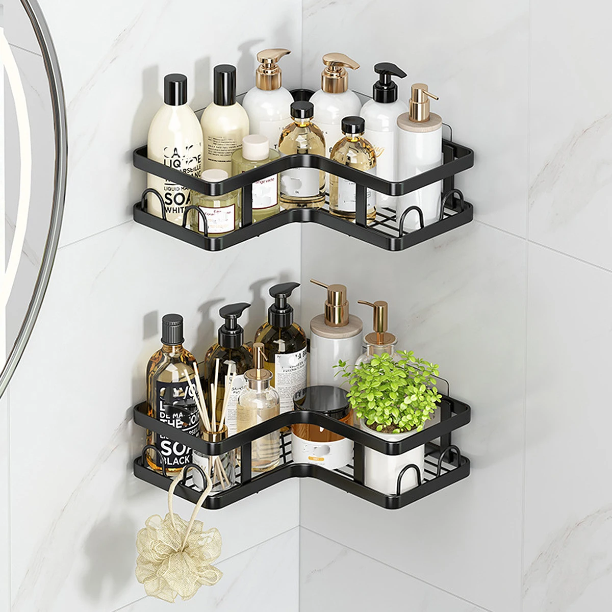 Adhesive Shower Caddy Black Rustproof Bathroom Organizer No Drilling Wall Mounted Storage Rack for Bathroom Kitchen Accessories