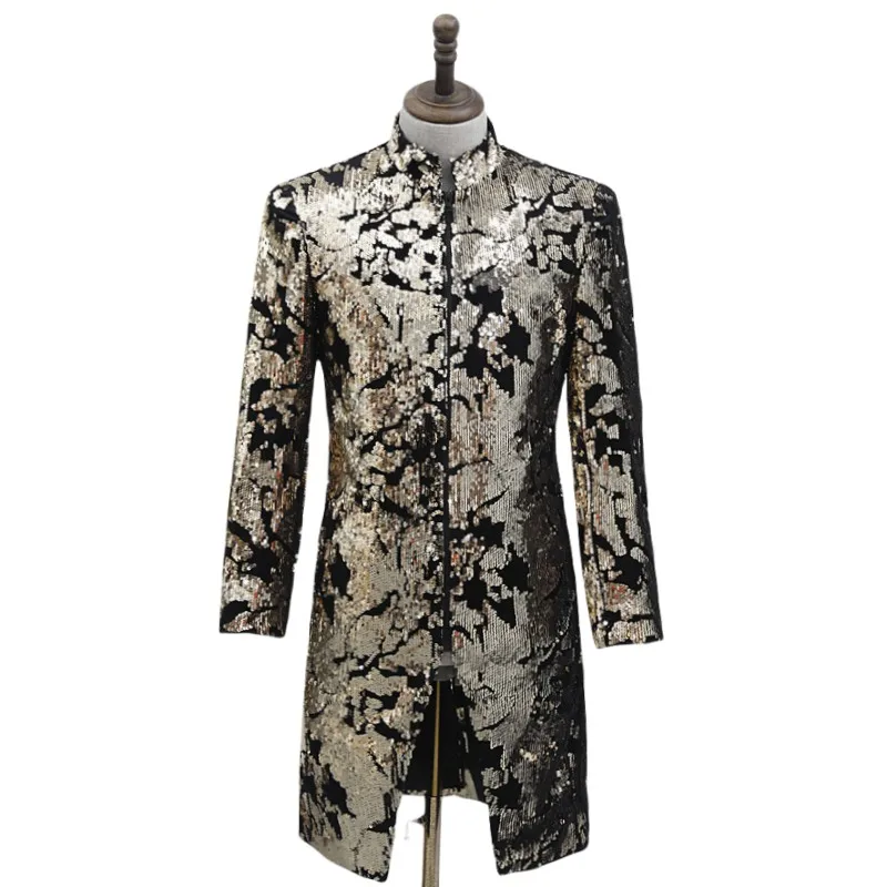 

Men Velvet Gold Sequin Long Blazer Stand Collar Zipper Slim Suit Jacket Star Singer Concert Stage Performance Middle Length Coat