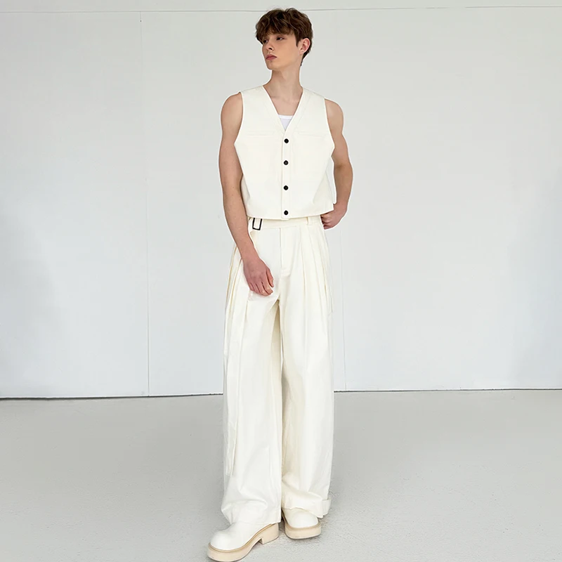 LUZHEN Handsome Elegant Two-piece Sets Men's 2025 Fashion Solid Color Loose Straight Casual Pants Male Sleeveless Shirts JY3388