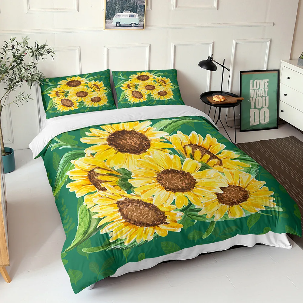 Floral Duvet Cover 3D Sunflower Bedding Set Kids Comforter Bedding Sets Bedclothes Bed Linen(No Bed Sheet) for Kids Bedroom