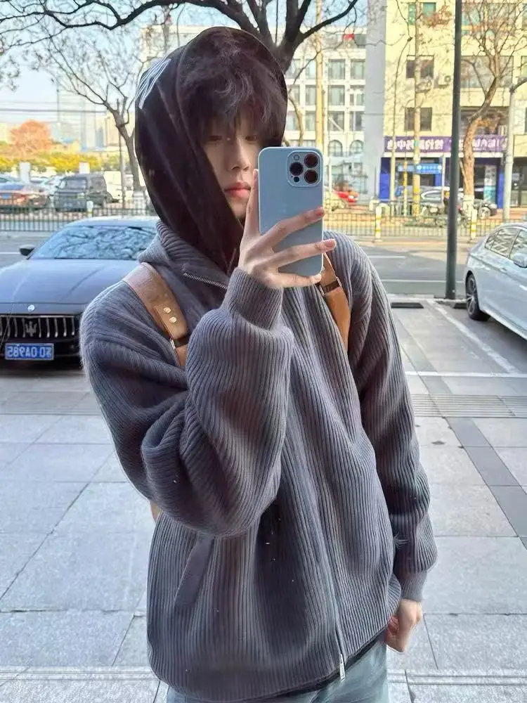 

Retro Cleanfit Lazy Sle Knitted Sweater Hooded Stand Collar Men's Women's American Sle Open Cardigan Warm Long Sve Sol...