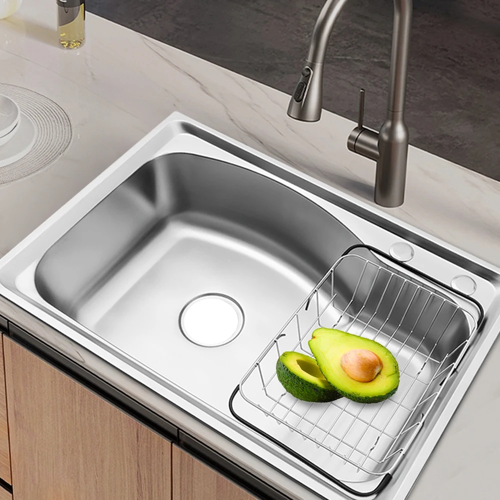 Stainless Steel Kitchen Sink Single Slot with Vegatable Basin Above/Under Counter Mounted Drain Accessories 201 Stainless Steel