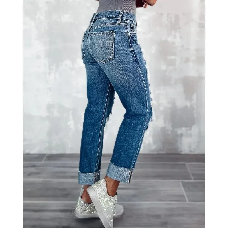 Street Style Jeans Trousers Hole Streetwear Y2K Leisure Ripped Jeans Women High Waist Straight-Leg Pants Denim Pants