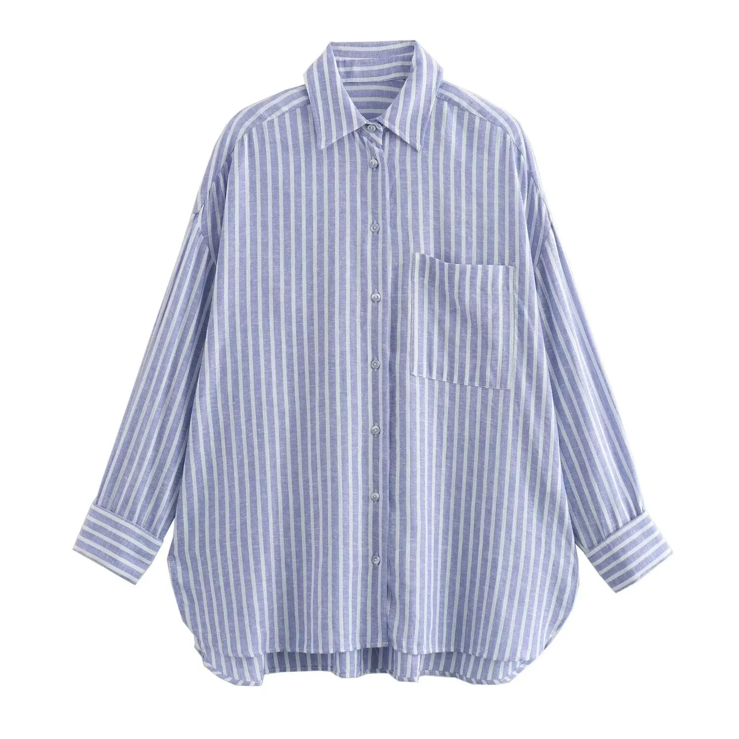 Tangada 2024 Women Blue Striped Shirt Long Sleeve Female Cotton Linen Blouse Tops 6X0392