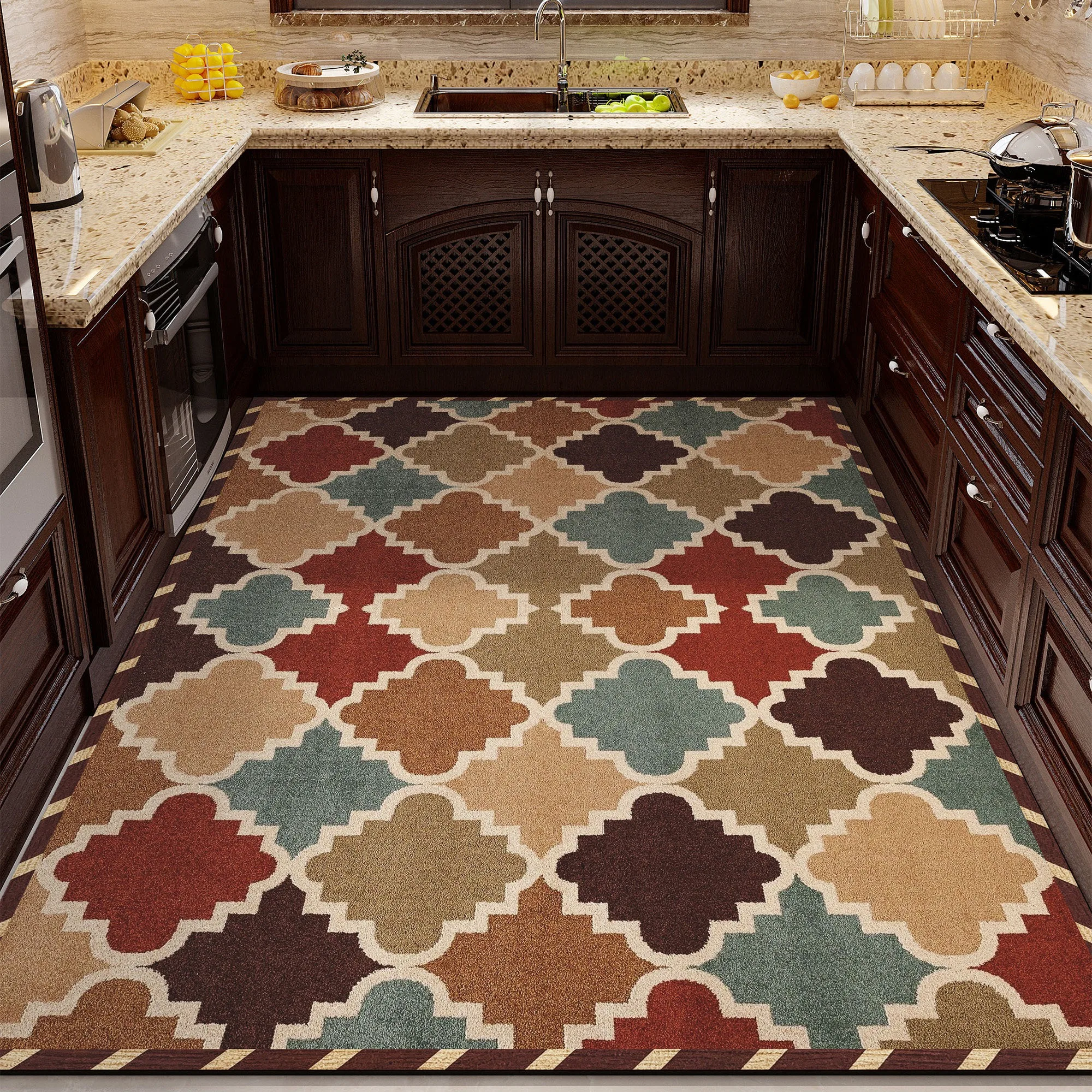 Vintage Bohemian Kitchen Floor Mat Anti-fouling Oil-proof PVC Leather Washable Carpet Non-slip Rug Home Decoration Tapis Cuisine