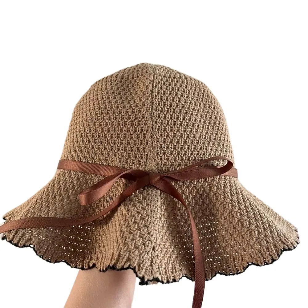 

Thin UV Protection Crochet Bucket Hat Foldable Hollow Women's Basin Cap Breathable Ruffle Brim Knit Fisherman Hat Outdoor
