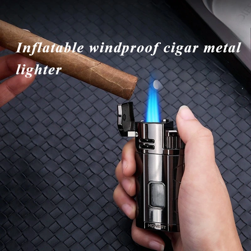 Inflatable Windproof Point Cigar-specific Metal Lighter with Three Direct Flames, High Power and Cigar Dril High-end Gifts
