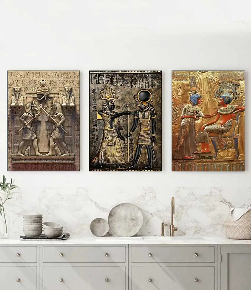 3D Visual Effect Egyptian Pharaoh Canvas Poster, Black & Gold Ancient Egypt Wall Art for Living Room Decor