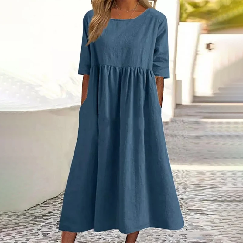 Elegant Dress O-Neck Half Sleeve Cotton Hemp Pleated Dress 2023 New Summer Women\'s Casual Loose Comfortable Vintage Long Dress