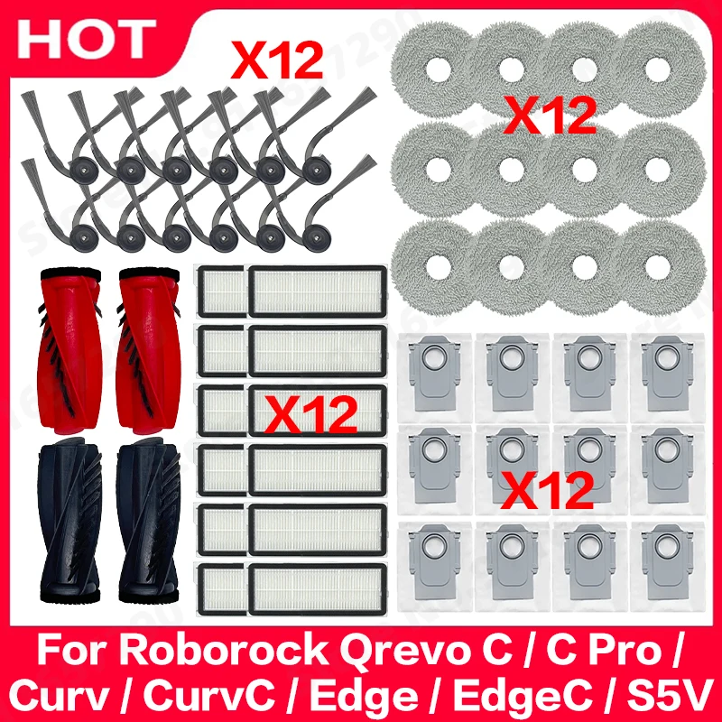 Roborock Qrevo C/C Pro/Curv/CurvC/Edge/EdgeC/S5V Compatible Main Side Brush, Mop Cloth, Dust Bag & Filter Set