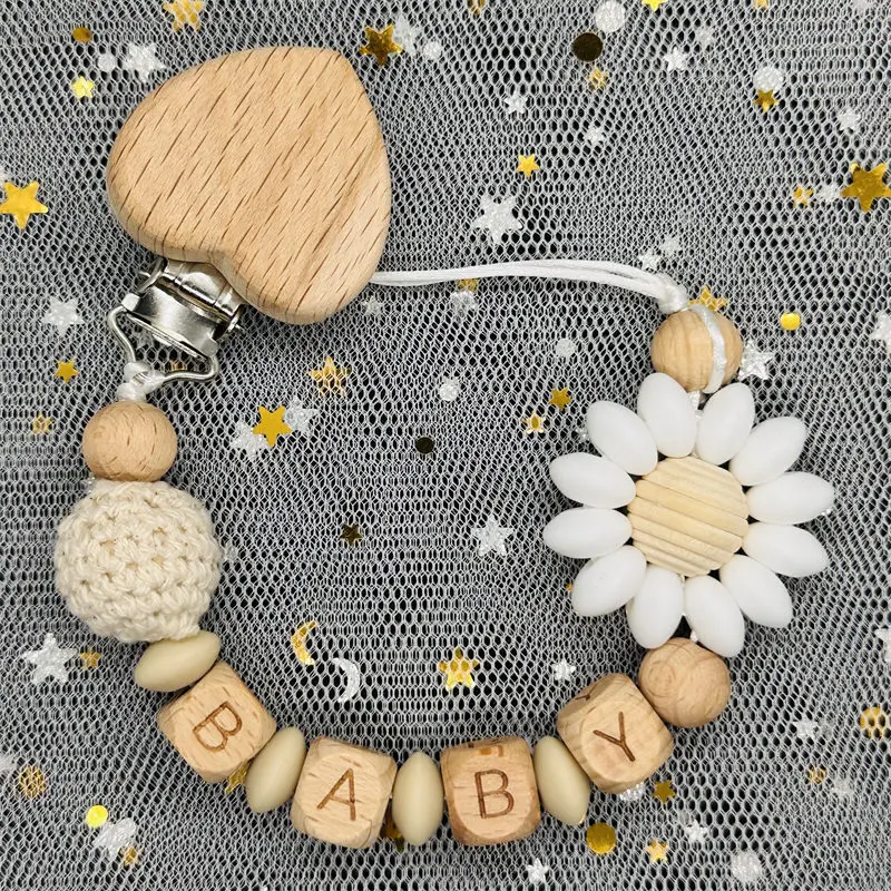 HOT Custom Name Wooden Personalized Beech Baby Pacifier Chain Clip Silicone Bead Nipple Holder Teether Pendant Newborn Toys Gift