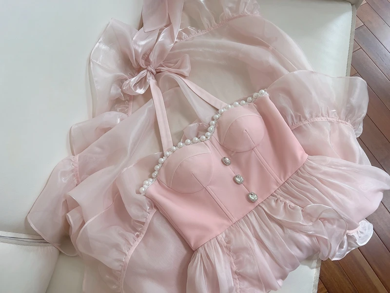 Lingzhiwu-pink holiday dress, halter neck, sexy, off the back, pearls, fairy, strapless, irregular ruffles, new arrival