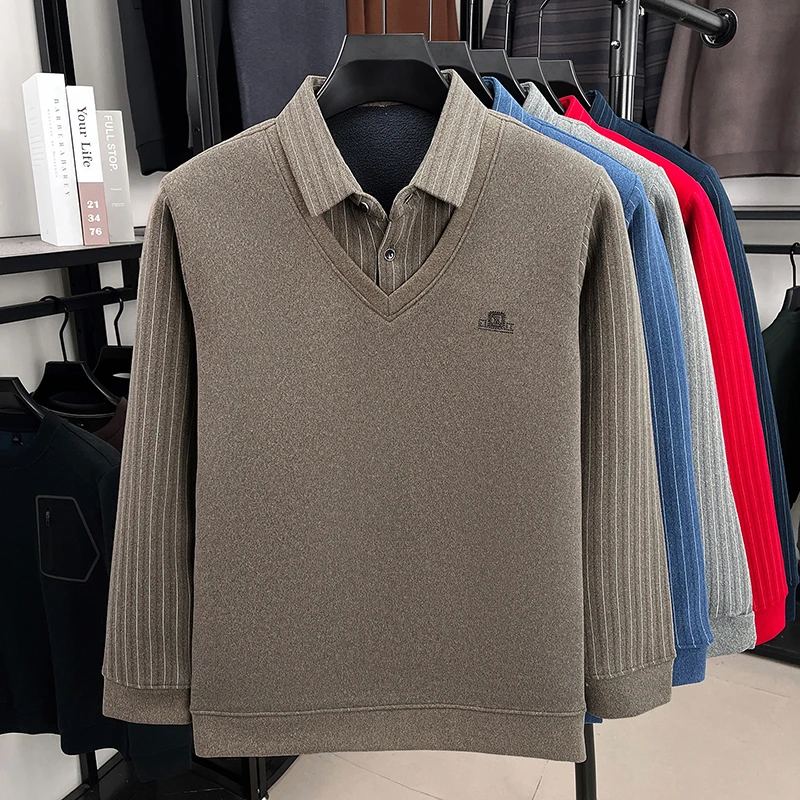

Флисовый свитер для мужчин, новый стиль зимы 2025, утолщенная, теплая, искусственная трикотажная рубашка из двух частей, базовый свитер